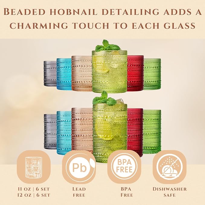 Khen Hobnail Beaded Highball Drinking Tumbler Glasses | Set of 12 | Autumn Colors Vintage Bubble Design Whiskey Glassware, Old-Fashioned, Embossed Design Water, Wine, Cocktail Rocks Glasses - Image 3