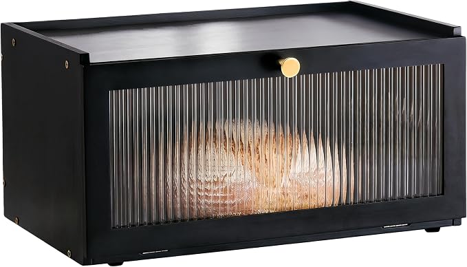 ETMI Black Bread Box for Kitchen Countertop - Modern bamboo Bread box with Window Bread Storage Container by ETMI
