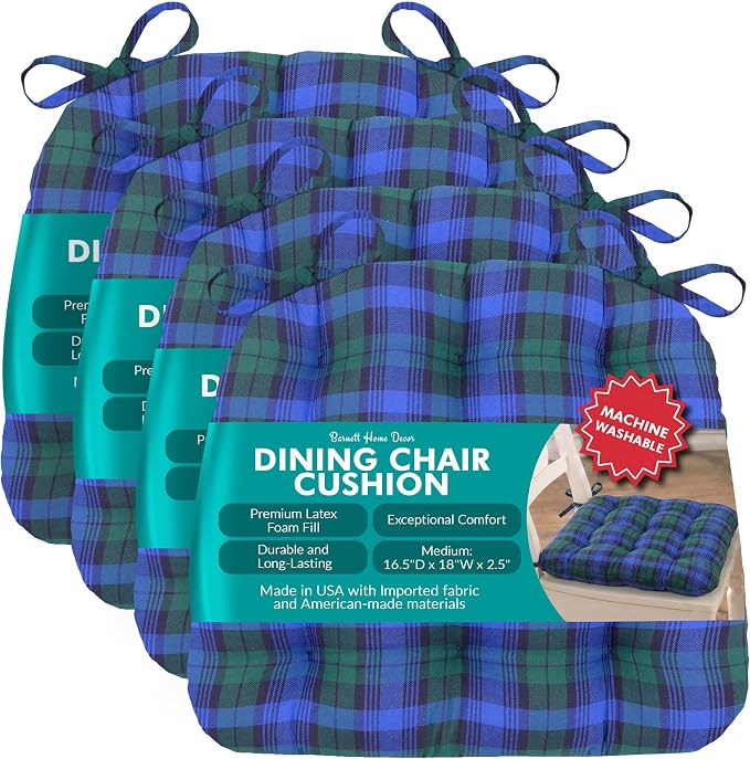 Barnett Home Decor Indoor Dining Chair Cushions - 16.5x18", Machine Washable, 100% Cotton Upholstery, Premium Latex Foam Fill, Reversible, Durable Kitchen Chair Pad - Tartan Red, Medium, Pack of 4 by BarnettHomeDecor