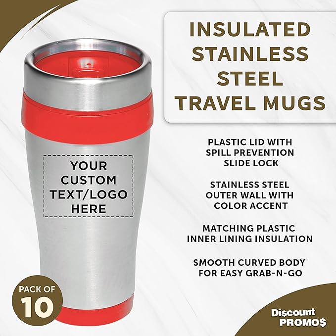 Custom Insulated Stainless Steel Travel Mugs 16 oz. Set of 10, Personalized Bulk Pack - Perfect for Coffee, Soda, Other Hot & Cold Beverages - Red