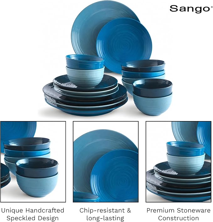 Sango Siterra Artist's Blend 16-Piece Stoneware Dinnerware Set – Service for 4, Ocean Blue Glossy Glaze with Unique Speckled Design, for Everyday Dining & Entertainment, Microwave & Dishwasher Safe - Image 7