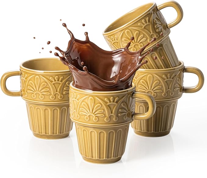 LYEOBOH Ceramic Mugs, 12 OZ Khaki Coffee Mugs Set of 4, Stackable Mug, Microwave & Dishwasher Safe, Stylish Texture Design for Coffee Tea Milk, Ideal for Home Kitchen Party & Festival Gifting by LYEOBOH