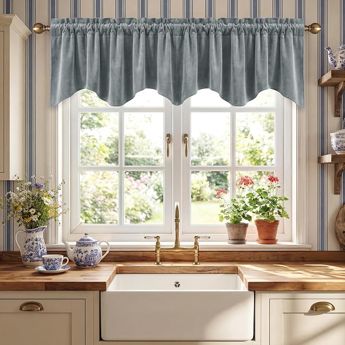 Stone Blue Velvet Window Valance Scalloped 52x18 Inch 1 Panel | Soft Wavy Blue Scalloped Curtains for Small Windows, Modern Window Treatment for Bathroom, Laundry, RV by StangH