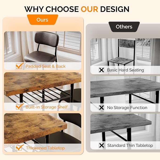 VINGLI Dining Table Set for 2, Small Kitchen Table Set with Upholstered Chairs, 3-Piece Dining Set with Storage Rack, Wood Dining Room Set with Metal Legs for Small Spaces, Living Room, Rustic Brown - Image 8