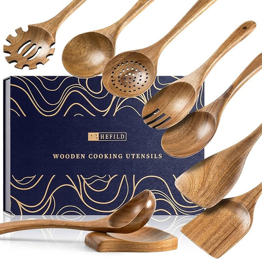 Wooden Spoons for Cooking, 9-Piece Acacia Wood Utensil Gift Set | Spoons and spatulas stir, mix, flip and serve; gift-ready box makes it ideal for housewarmings, weddings and new kitchens. by HEFILD