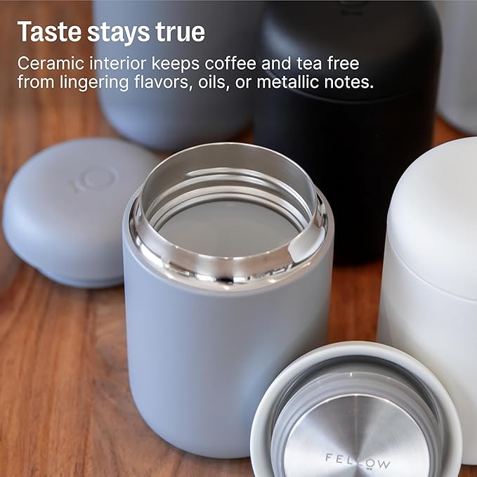 Fellow 16 oz Carter Wide Travel Mug - Wide Mouth Vacuum-Insulated Stainless Steel - Tea and Coffee Tumbler - Travel Coffee Mug with Ceramic Interior - Stone Blue