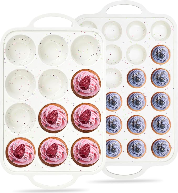 2 Pcs Silicone Muffin Pans for Baking, Cream | Regular 12 Cup and Mini 24 Cup, with Metal Reinforced Frame, Silicone Cupcake Mold, BPA Free by AOTASO