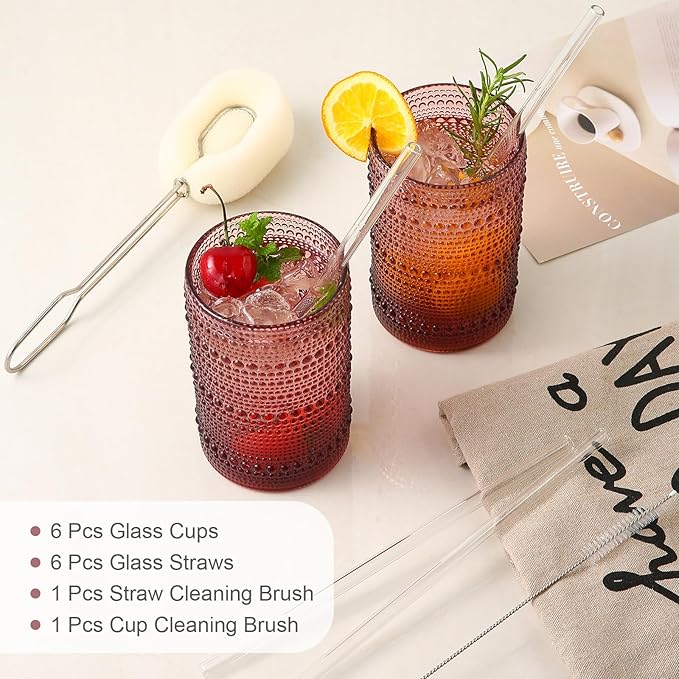 ZMOWIPDL Drinking Glasses Set of 6,15 oz Purple Hobnail Glass Cups | Vintage Glassware，Embossed Water Tumbler,for Beer,Cocktail,Whiskey,Juice and Various Mixed Drinks- 1 Cleaning Brush - Image 5