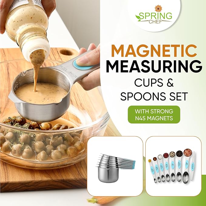 Spring Chef Magnetic Measuring Cups & Spoons Set of 15, Patented, Aqua Sky | Stackable Stainless Steel Measuring Cups & Heavy Duty Metal Measuring Spoons with Levelers for Dry & Liquid Ingredients - Image 3