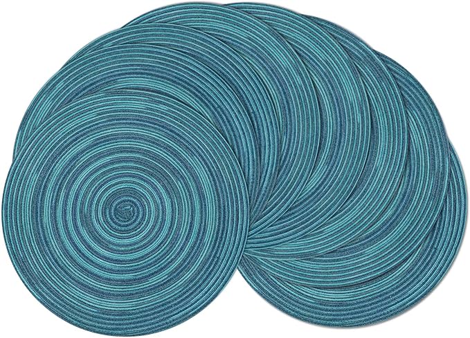 SHACOS 15 inch Round Placemats Set of 8 Variegated Multicolor Place Mats Cotton Polyester Braided Non Slip Washable Heat Resistant Table Mats for Home Wedding Dinner Party Table Decor, Rainbow Teal by SHACOS