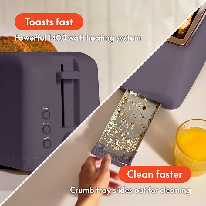 bella 4 Slice Slim Toaster, Fits-anywhere™ Kitchenware, 6 Setting Shade Control with Reheat & Cancel Buttons, Fits Sourdough, 10” Long Slot, Anti Jam & Auto Shutoff, 900 Watt, Plum - Image 6