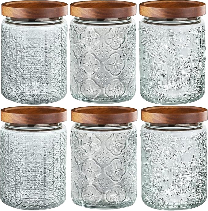 6-Pack 24 OZ Vintage Glass Jar with Lid, Airtight Food Storage Canisters with Bamboo for Kitchen Counter Pantry, Ideal for Coffee, Candy, Tea, Oats, Sugar, Cookies Decorative Jars by Unknown