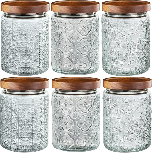 6-Pack 24 OZ Vintage Glass Jar with Lid, Airtight Food Storage Canisters with Bamboo for Kitchen Counter Pantry, Ideal for Coffee, Candy, Tea, Oats, Sugar, Cookies Decorative Jars by Unknown