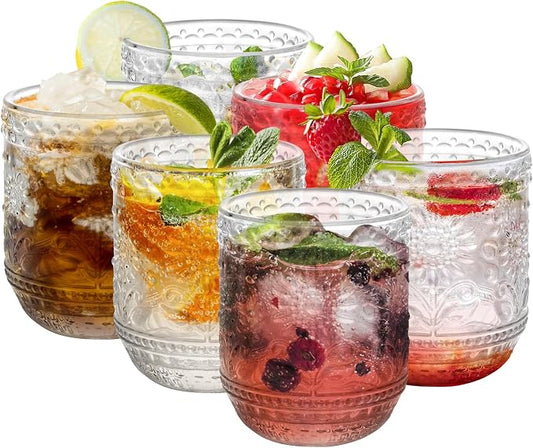 Topsky Clear Vintage Drinking Glass Set of 6,12 oz Embossed Floral Decorative Glassware Set,Glass Cups Wine Glasses Beverages Tumblers Colored Glassware for Whisky,Beer,Juice,Cocktail,Heavy Duty by HomeandKitchenNO1