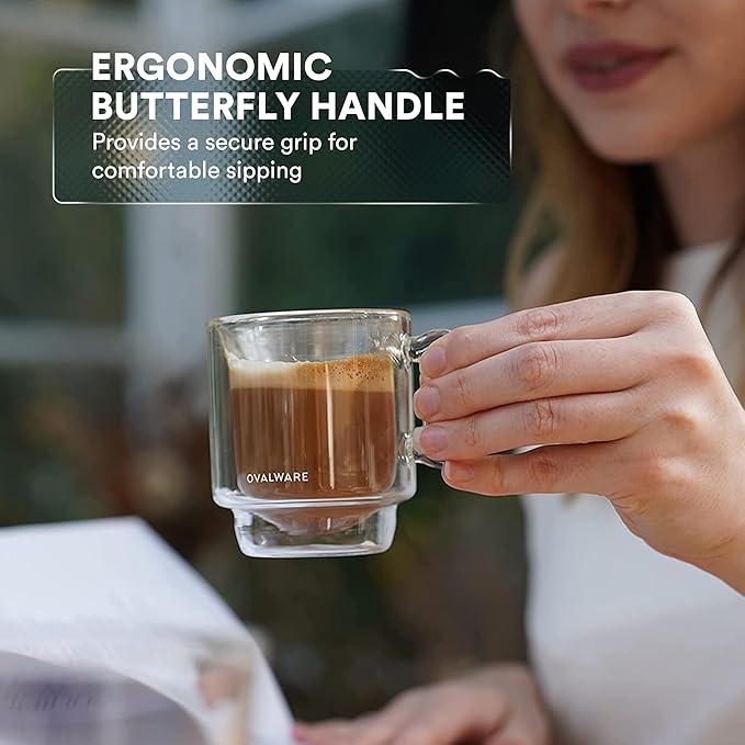 ovalware RJ3 Espresso Coffee Cups 4oz/120ml (Set of 2) Double-Walled Cup w/Solid Butterfly Handle - Elegant Borosilicate Espresso Shot Mug - Stackable Insulated Transparent Demitasse