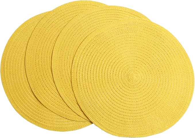 SHACOS Round Braided Placemats Set of 4 Washable Kitchen Table Place Mats Doilies Table Mats for Home Wedding Party Dining Table Decor (Yellow, 4) by SHACOS