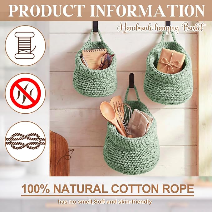 Honeydak Boho Decor Hanging Wall Baskets for Kitchen 3 Pack Teardrop Baskets with Hooks Storage Fruit Onion Vegetable Potato for Home 3 Sizes (Sage Green,Barrel,Cotton Rope) - Image 5