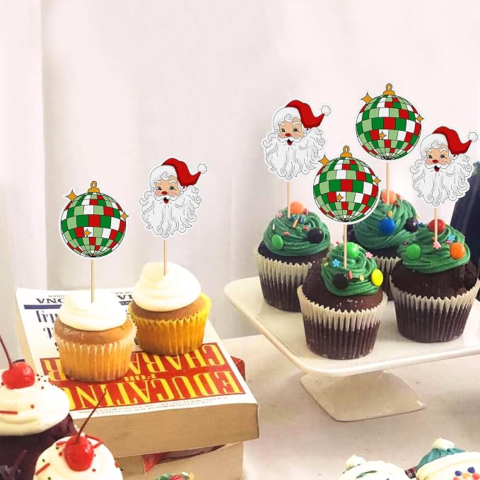 24PCS Christmas Cupcake Toppers- Santa Claus、Disco Ball、Picks Merry Christmas Theme Holiday Baby Shower Birthday Party Cake Decorations Supplies - Image 4