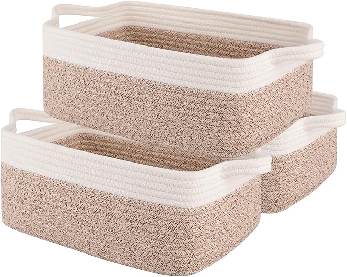 OIAHOMY 3 Pack Storage Baskets for Organizing, Woven Cotton Rope Basket for Shelves, Closet Organizer Bins with Handles, Rectangle Toy Organization, 13.78''×9.84''×5.5'', Brown & White by MasterofSpaceOptimization