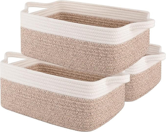 OIAHOMY 3 Pack Storage Baskets for Organizing, Woven Cotton Rope Basket for Shelves, Closet Organizer Bins with Handles, Rectangle Toy Organization, 13.78''×9.84''×5.5'', Brown & White by MasterofSpaceOptimization