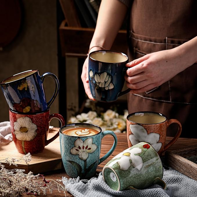 Maxdot 4 Pcs 12oz Ceramic Coffee Mugs Sets Glazing Process Cappuccino Mug Floral Ceramic Tea Cups Idea Gift Set for Women Porcelain Cup for Coffee, Cocoa, Tea, Latte (Retro) (Classic) - Image 4