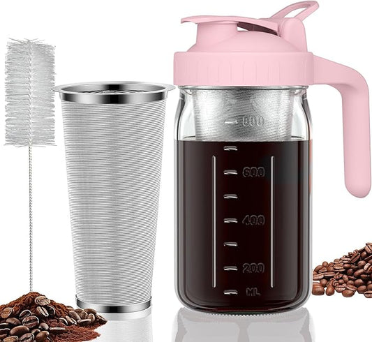 Cold Brew Coffee Maker Pitcher, 32 oz Thick Glass Mason Jar Spout Lid with Handle & Stainless Steel Filter for Iced Brew Coffee, Ice Lemonade, Sun Tea, Fruit Drinks Container
