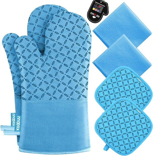 KEGOUU Oven Mitts and Pot Holders 6pcs Set, Kitchen Oven Glove High Heat Resistant 500 Degree Extra Long Oven Mitts and Potholder with Non-Slip Silicone Surface for Cooking (Sky Blue) by KEGOUUOvenMitt