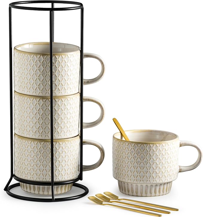 Gomakren Coffee Mugs Set of 4 Ceramic Coffee Cup with Stand, Creamy White | 13oz Stackable, Embossed Grid Mugs, Black Metal Rack, Lead-Free Dishwasher Safe, with Gold Spoons for Home Coffee Bar by Gomakren