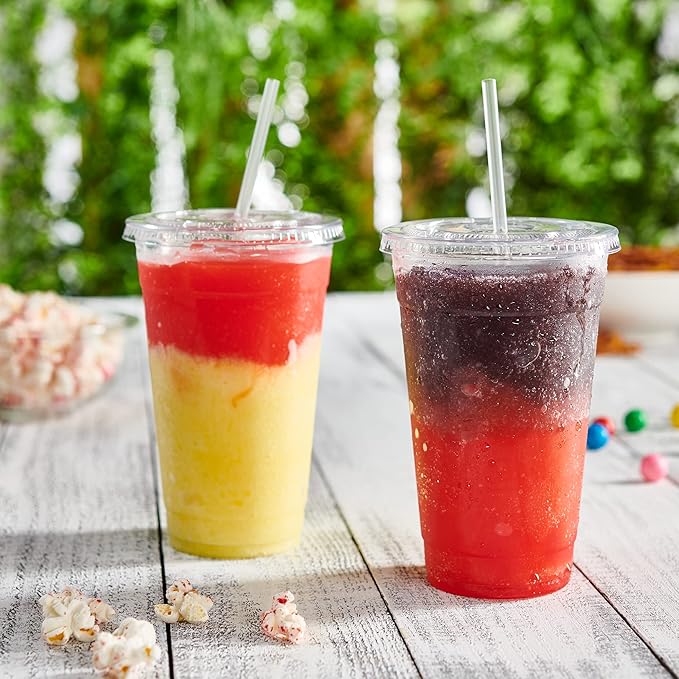 GUSTO [24 oz - 100 Sets Clear Plastic Cups with Lids and Straws – Disposable Iced Coffee Cups for Cold Drinks, Smoothies, and To-Go Beverages – Sturdy, Easy-to-Separate