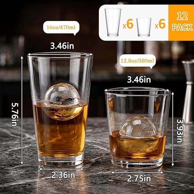 Moretoes Everyday Drinking Glasses Set of 12,Glass Cups Set | 16 Oz Pint Glasses & 12 Oz Old Fashioned Glasses, Mixed Glassware Great for Daily Use and Parties - Image 3