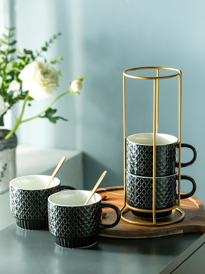 LYEOBOH Stackable Coffee Mugs Set of 4 with Rack & Spoons Coffee Mug Set 13 OZ., Ceramic Embossed Grinding Demitasse Cups Set Cappuccino Cup Halloween for Coffee, Latte, Macchiato, Espresso, Black - Image 5