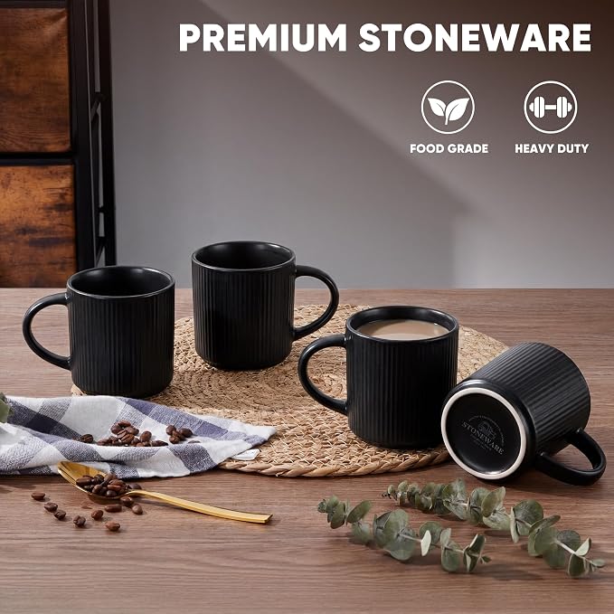 E-far Coffee Mugs Set of 4, 12 oz Stoneware Coffee Cups with Handle for Latte, Tea, Cocoa, Milk, Modern Ribbed Ceramic Mugs for Man Woman, Microwave & Dishwasher Safe, Matte Black - Image 3