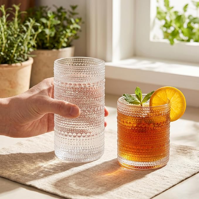 Vintage Hobnail Drinking Glasses Set of 8, Clear 16 oz Highball Glasses & 12 oz Cocktail Glasses Set, Kitchen Drinkware Glassware,Embossed Water Tumbler for Beer, Juice, Whiskey, Milk - Image 5