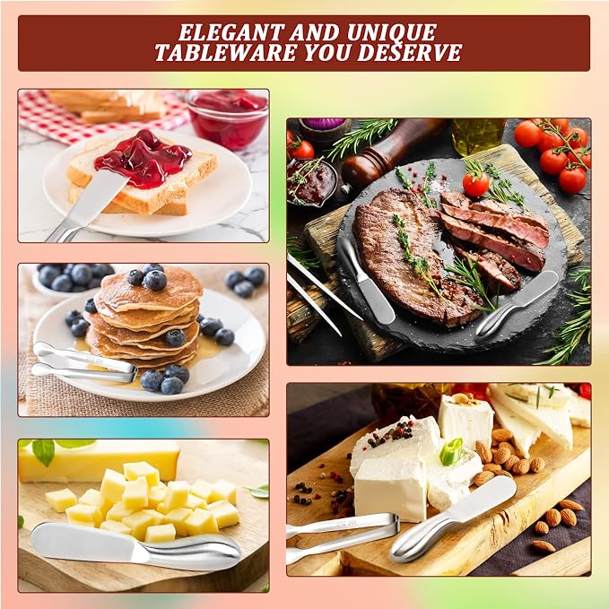 Butter Spreader Knife Set 8 PCS Stainless Steel Cheese Butter Spreader Knives and Mini Serving Tongs for Cheese Cold Butter Jam Appetizers Pastry Charcuterie Accessories Kitchen Utensils - Image 6