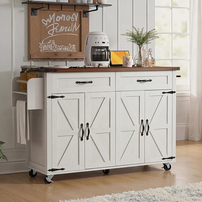 53.5’’ Rolling Kitchen Island Cart with Storage & Power Outlet, Retro White | Built-In Charging Station, Drop Leaf, 2 Drawers, 4 Door Cabinets, Adjustable Shelves, Lockable Wheels, Spice & Towel Rack by Amposei