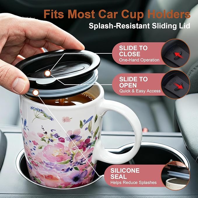 Topadorn 17oz Ceramic Travel Mug with Lid & Gift Box, Coffee Cup for Tea | Watercolor Flower Coffee Cup for Tea, Latte & Office Desk, Pink Garden Design - Image 3