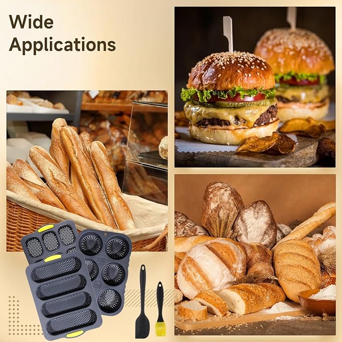 OMISTAR Silicone Hamburger Bun Mold Set of 5-4 6 9 Cup Silicone Hamburger Bun and Baguette Pan with Scraper and Oil Brush,Nonstick Baking Tray Bread Pans for Homemade Bread Loaf Sandwich