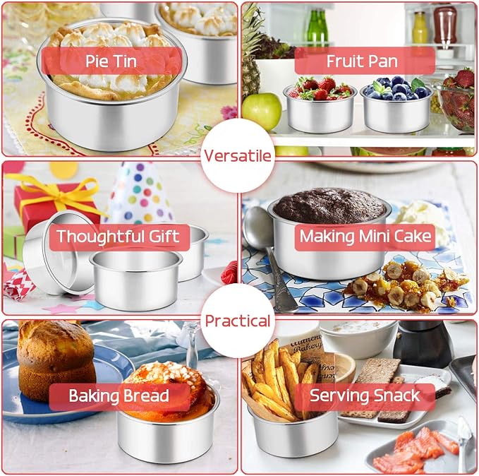 TeamFar 4 Inch Cake Pan, Stainless Steel Mini Cake Pan Round Baking Tins | Set of 3, Small Tier Cake Baking Pans Tins For Baking Steaming Serving, Healthy & Sturdy, Easy Clean & Dishwasher Safe - Image 4