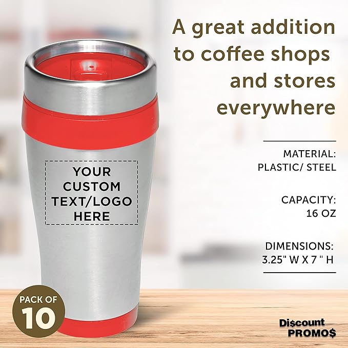 Custom Insulated Stainless Steel Travel Mugs 16 oz. Set of 10, Personalized Bulk Pack - Perfect for Coffee, Soda, Other Hot & Cold Beverages - Red
