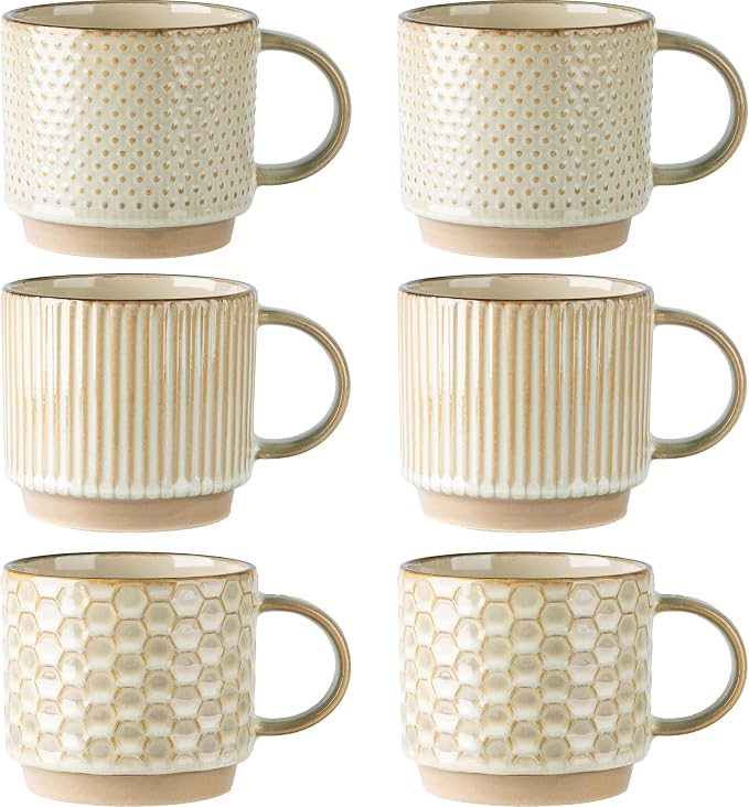 GBhome 12 OZ Stackable Coffee Mugs Set of 6, Ceramic Blue Coffee Cups Set | 3 Assorted Designs, Embossed Mugs with Texture Patterns for Tea/Coffee, Dishwasher&Microwave Safe, Pale Khaki by GBhome