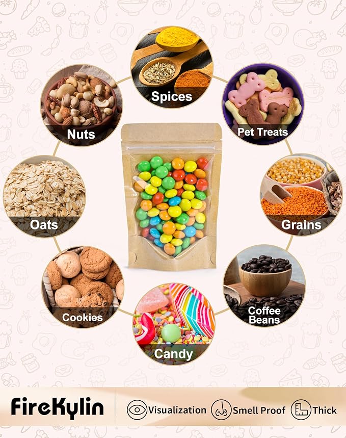 FireKylin 100 PCS Stand Up Pouches,5.5" x 7.9" Paper Bags With Window Clear Front Pouches Resealable Zipper Food Storage Brown - Image 5