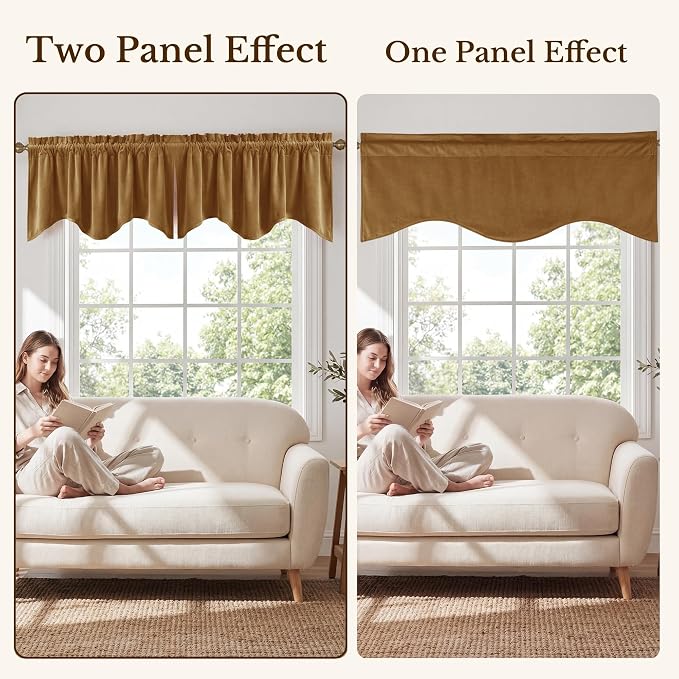 Gold Brown Fall Decor Scalloped Valance 52x18 Inch 1 Panel | Autumn Vintage Velvet Wavy Cafe Curtains for Kitchen, Warm Tone Window Treatment for Living Room, Basement - Image 7