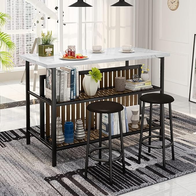 AWQM Kitchen Island with Seating & Storage Shelf, Modern Bar Table and Chairs Set for 2, Wooden Island Table for Kitchen, Dining Table Set for Small Space, White - Image 3