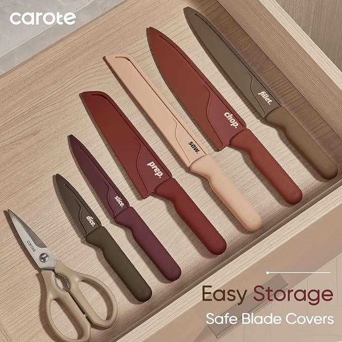 CAROTE Kitchen Knife Set, 6 Floral Knives with 6 Blade Guards, 12-Piece | Stainless Steel Blades, Ceramic Nonstick Coating, Long-Lasting Sharpness, Rust-Resistant, Non-Slip, Dishwasher Safe - Image 7