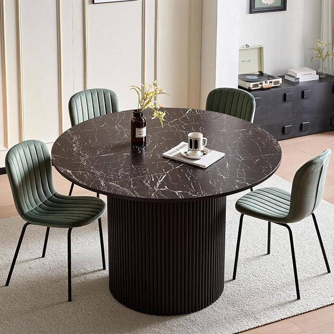Dining Table Set for 4, 47 Inch Mid Century Modern Faux Marble Round Kitchen Table and Chairs, Space-Saving Small Dinette Set (Black Table+4 Green Chairs) - Image 2