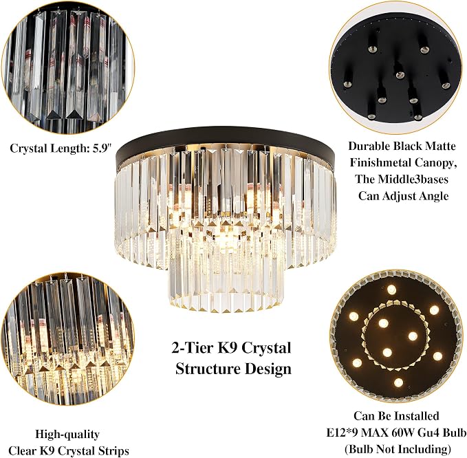 17" 9 Light Black Crystal Ceiling Light for Dining Room | K9 Crystal, Stainless Steel, 2 Tier, E12 Base, Flush Mount, for Kitchen Island Living Room Bedroom Entryway - Image 5