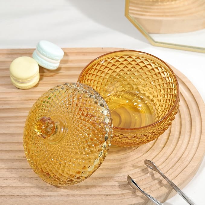 Joeyan 12 oz Small Amber Glass Jars with Lid,Embossed Glass Candy Dishes,Diamond Faceted Food Container,Decorative Jewelry Box Apothecary Canisters,Colored Kitchen Bathroom Buffet Storage Organizer - Image 5
