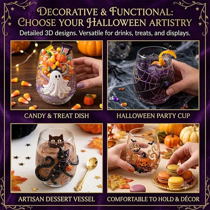 Halloween Artisan Glassware Collection,Handmade Stemless Wine Glass,Gothic Style Artistic Glass Wine Goblet Home Decor Piece Featuring Spooky Pumpkin Design Halloween Party Home Decor Gift，C - Image 3