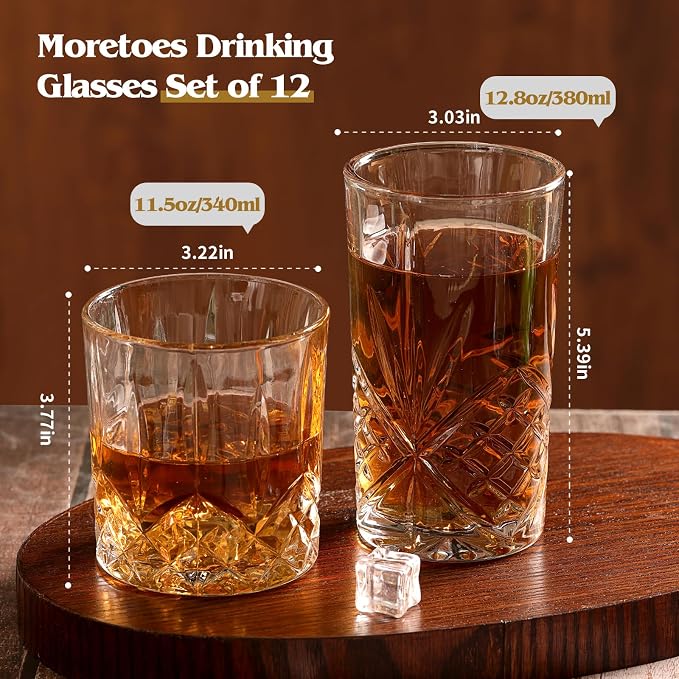 Moretoes Crystal Whisky Drinking Glasses Set of 12, Glass Cups | Mixed Glassware Set, 12 Oz Highball Glasses & 11 Oz Old Fashioned Glasses, Great for Cocktail and Other Beverages - Image 3