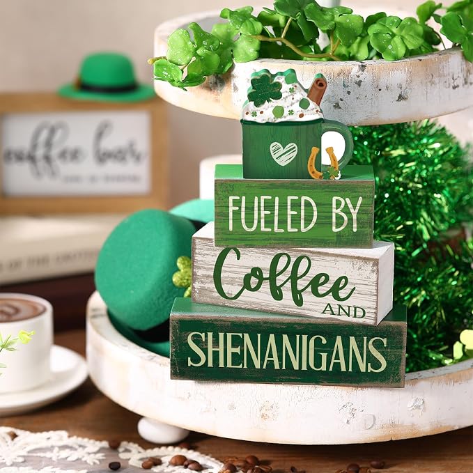 Moucuny 4 Pcs St Patricks Day Table Decoration Wooden Green Ice Cream Cup St. Patrick's Day Tiered Tray Decor Irish Centerpiece Green and White Happy St Patricks Coffee Bar Decor for Home Kitchen - Image 3